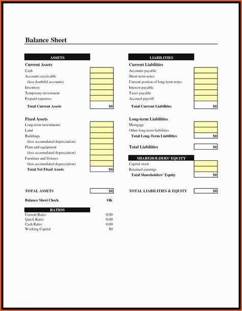 business plan balance sheet template
